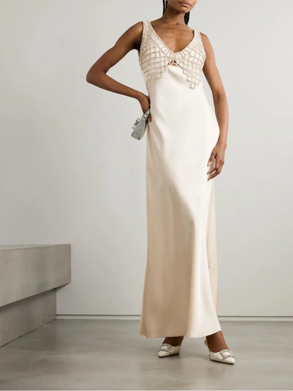 Self-Portrait Diamante Bralette Maxi Dress in Cream Satin Size 4 *stain*